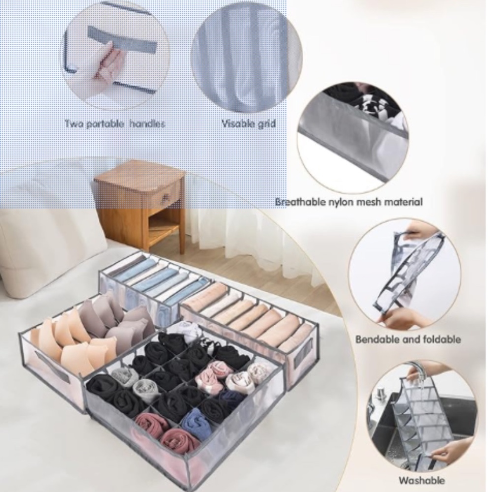 Foldable Clothes Organizer Box, Mesh Closet Underwear Storage Bins, Washable